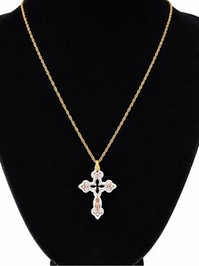 Avon Gold Tone Cross Pendant Necklace White Enamel Rope Chain Vintage 19 Inches
